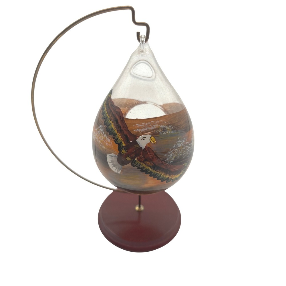 Hand Painted Glass Bald Eagle Tea Light‎ Candle Holder with Hanging Stand Rustic